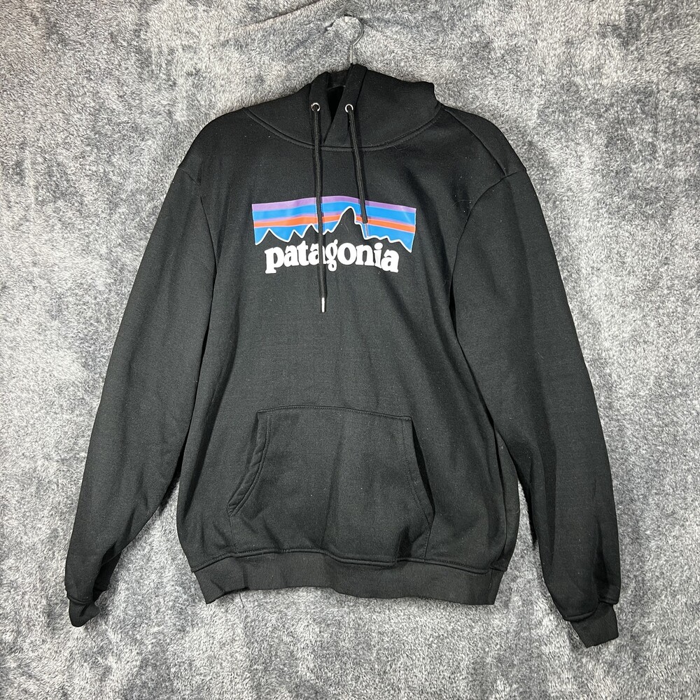 Patagonia Hoodie Mens Large Black Logo Pullover Fleece Sweatshirt STY45286